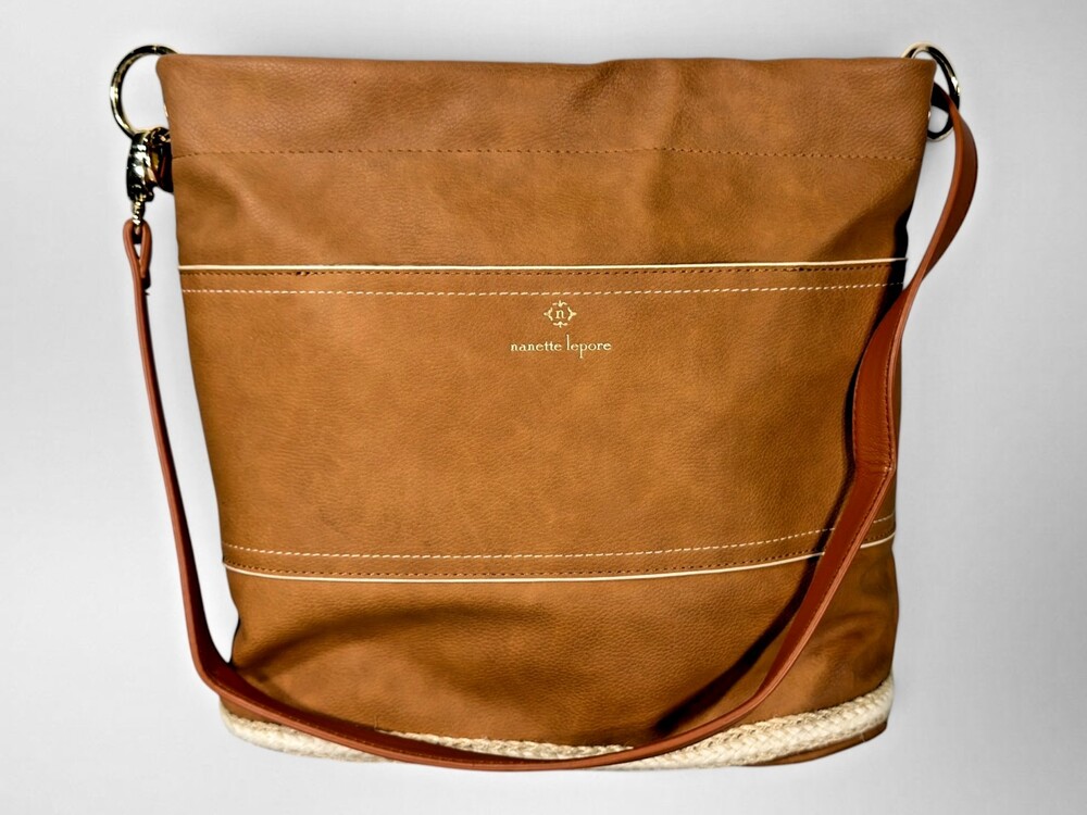 Nanette Lepore Reese Tan Vegan Leather Hobo Shoulder Bag Straw Rope Trim